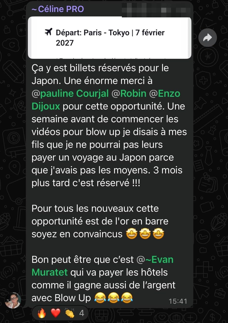 Mensaje de Céline en el grupo de creadores de Blow Up con sus billetes París Tokio